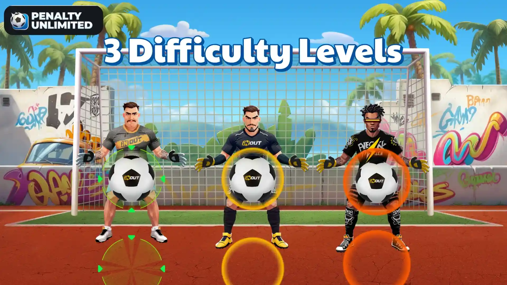Penalty Unlimited में तीन कठिनाई स्तर दिखाए गए हैं: आसान, मध्यम और कठिन